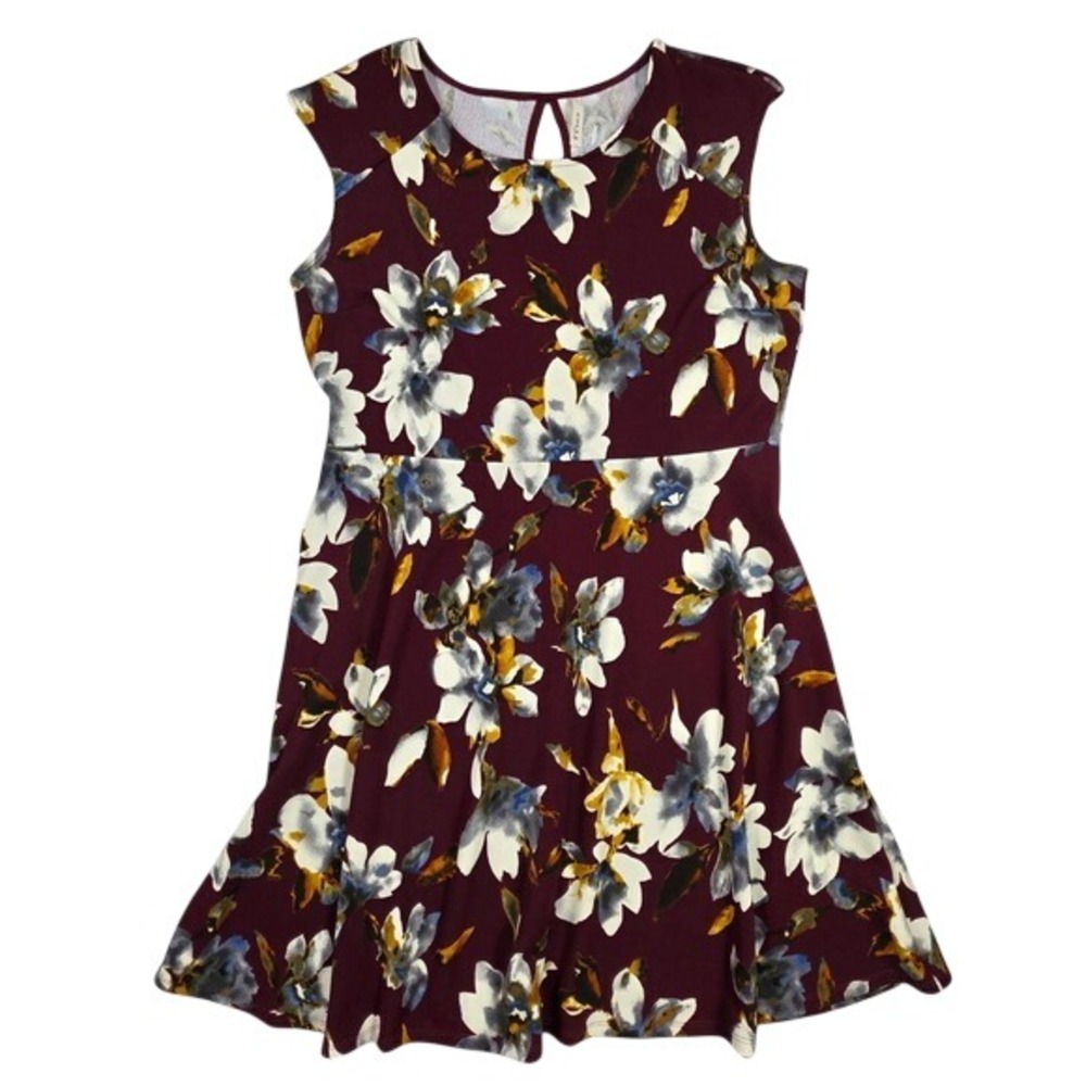 Gilli Burgundy Floral Sleeveless Fit and Flare Dress Keyhole Back Made in USA